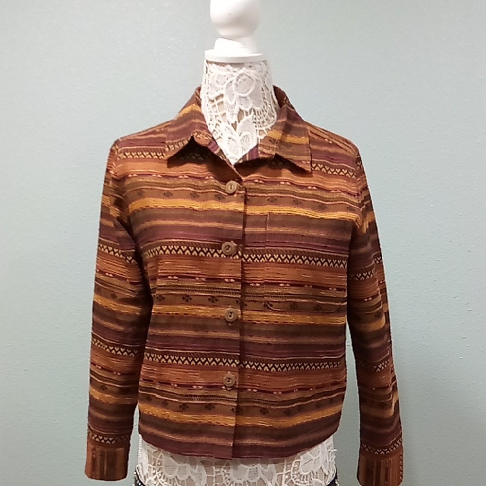 Travel Smith Striped Button-Up Jacket Textured With Wood Buttons Size S
